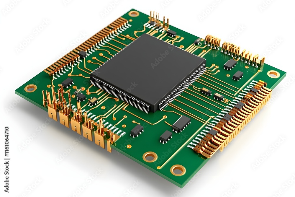 High-angle, full shot of a detailed circuit board, featuring a central processor chip. High-angle, full shot of a detailed circuit board, featuring a central processor chip.
