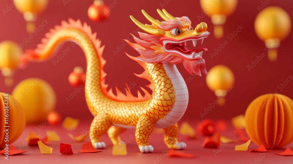 Fototapeta premium 3D art of Chinese New Year festivities, showing a dragon surrounded by traditional customs, golden decorations, and cultural symbols like red envelopes and lanterns