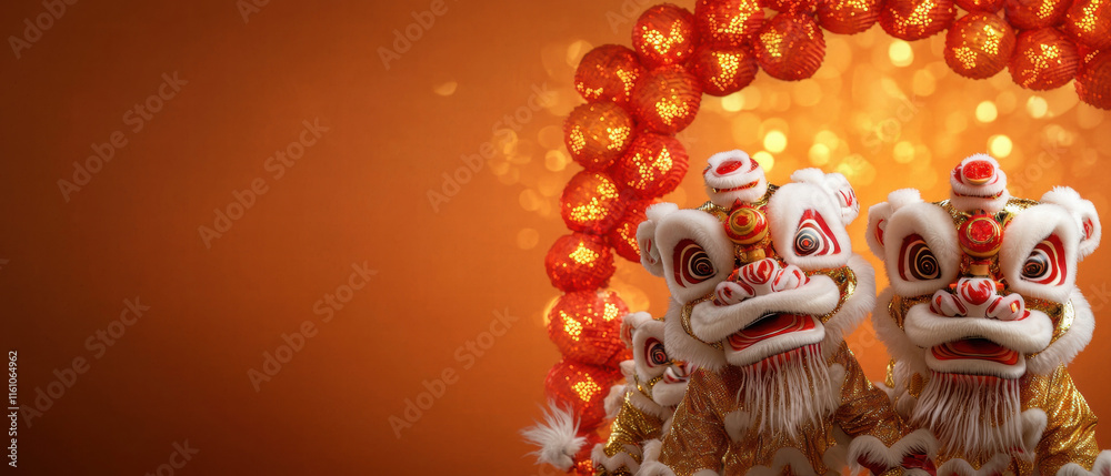 Happy Chinese New Year. Lion dance performance with decorative lanterns in the background. Happy Chinese New Year. Lion dance performance with decorative lanterns in the background.
