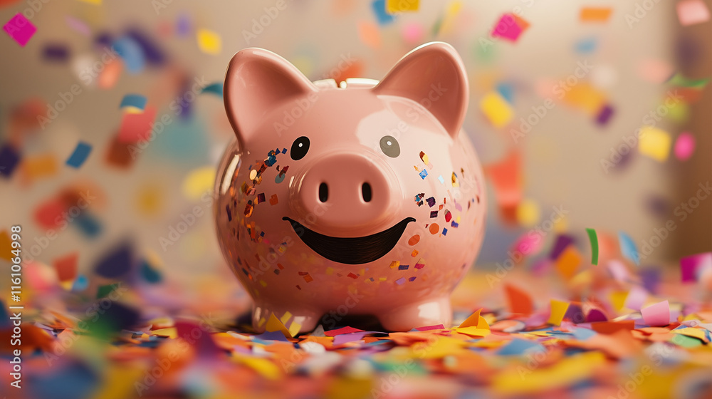 Obraz premium A cheerful piggy bank surrounded by colorful confetti, symbolizing savings and celebration