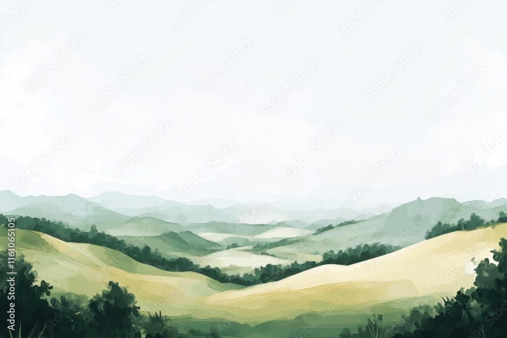 Fototapeta premium Serene landscape with rolling hills and soft greenery under a light sky.