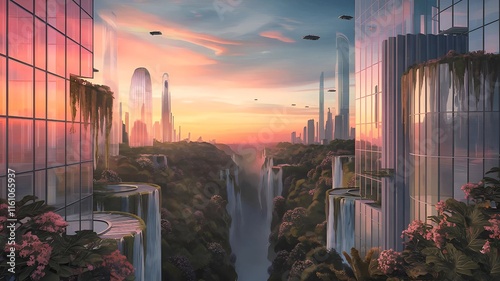 Futuristic Green Cityscape with Waterfalls at Sunset