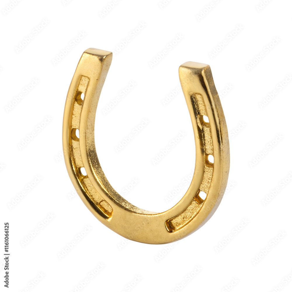A single golden horseshoe placed upright isolated on a transparent background A single golden horseshoe placed upright isolated on a transparent background