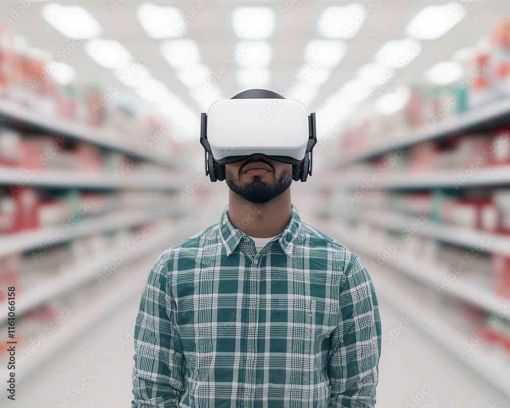 Virtual reality concept with human interaction in a digital store, emphasizing consumer immersion through tech Virtual reality concept with human interaction in a digital store, emphasizing consumer immersion through tech