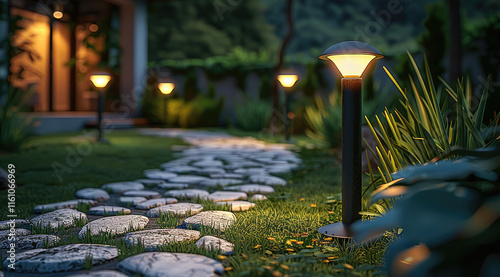 At night, there is a lawn outside with stone roads and grass on both sides of each road. There are three LED floor lamps on the front. Garden landscape lighting design is simple. photo