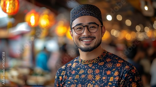 Smiling Man in Traditional Clothing at Night Market