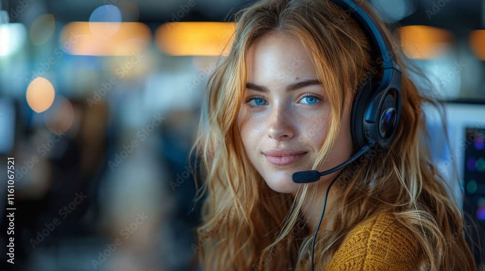 portrait of a beautiful young Caucasian call center or support service employee wearing headphones while sitting in an office near a monitor portrait of a beautiful young Caucasian call center or support service employee wearing headphones while sitting in an office near a monitor