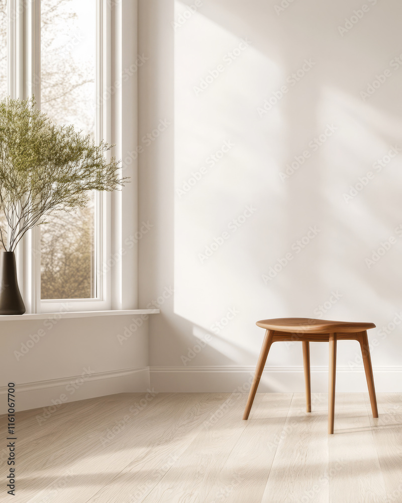 Simple interior design featuring a wooden stool and a vase by a bright window Simple interior design featuring a wooden stool and a vase by a bright window
