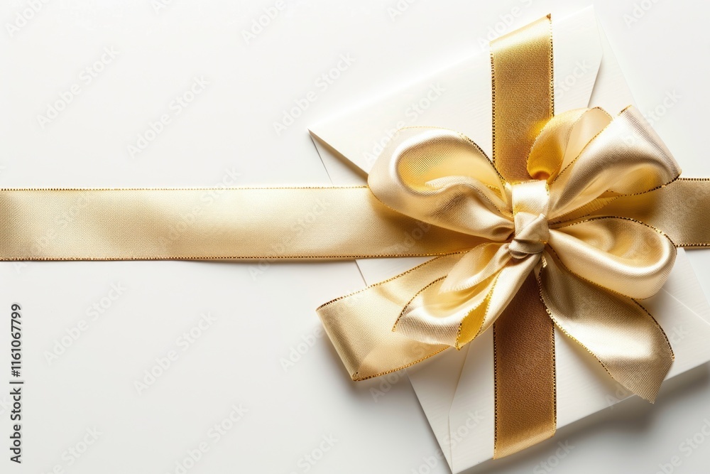 Bright gold wrapping paper and ribbon on a gift package. Bright gold wrapping paper and ribbon on a gift package.