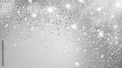 Silver glitter, sparkles, and specks on a gray background.