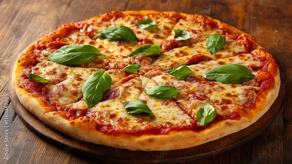 A freshly made margherita pizza, presented on a rustic wooden table, features a crispy crust, colorful tomato sauce, mozzarella, and fresh basil leaves. A freshly made margherita pizza, presented on a rustic wooden table, features a crispy crust, colorful tomato sauce, mozzarella, and fresh basil leaves.