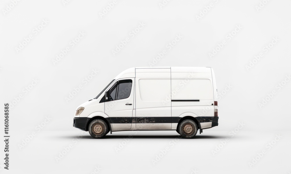 Side view of a white dirty van on white background. Side view of a white dirty van on white background.