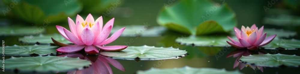 Water lilies and lotus flowers in a serene pond, pond, reflection, nature Water lilies and lotus flowers in a serene pond, pond, reflection, nature