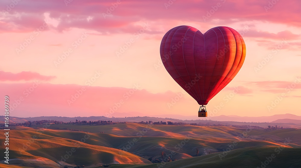 Fototapeta premium A whimsical heart-shaped hot air balloon ride over rolling hills with pink skies at sunset.