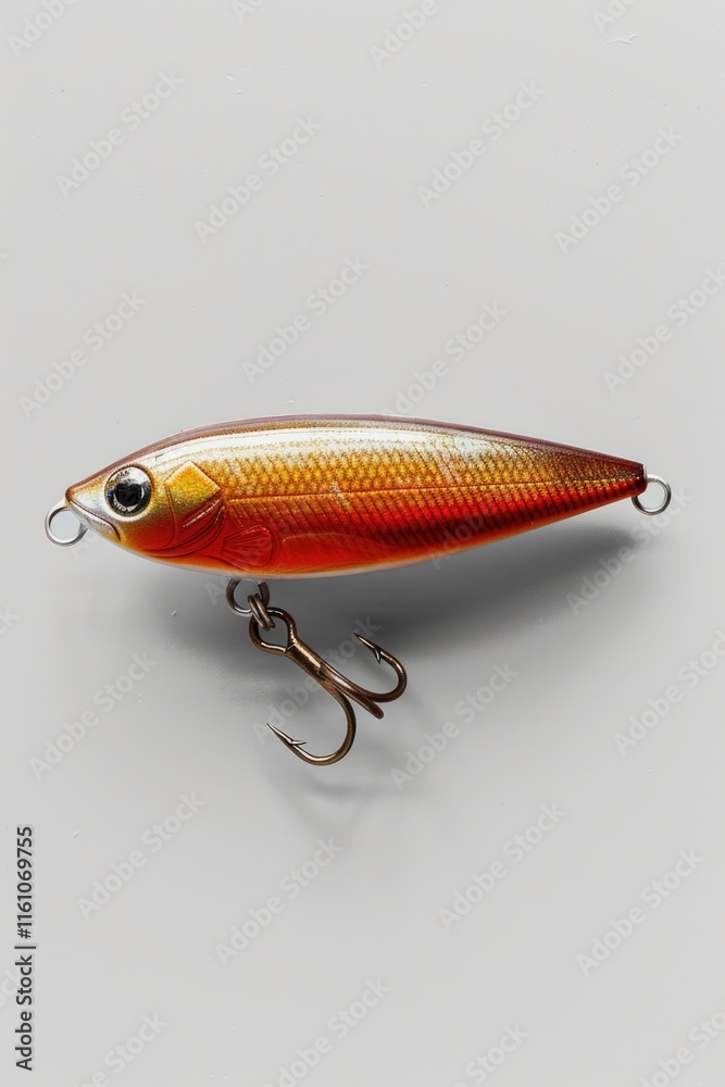 A realistic-looking fish lure with an attached metal hook, designed to imitate a baitfish. A realistic-looking fish lure with an attached metal hook, designed to imitate a baitfish.