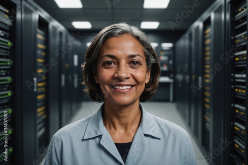 Close portrait of a smiling senior Cabo Verdean female IT worker looking at the camera, against dark server room blurred background. photo