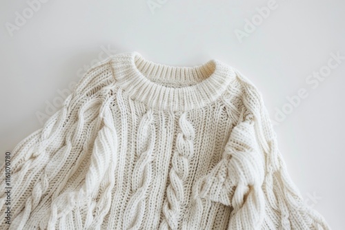 Vintage-style white cable knit sweater. Handcrafted with a textured appearance and soft, pillowy material. photo