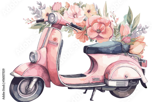 Watercolor hand painted scooter illustration isolated on a white background. Vintage motorbike with flowers design.