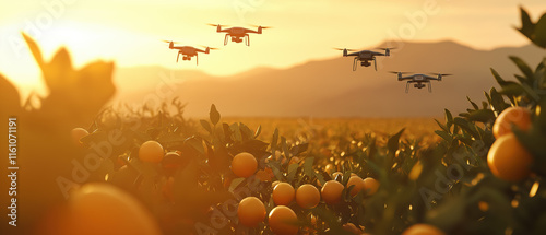 Group of drones flying over agricultural field orange orchard, sunset or sunrise sky in background. Generative AI photo