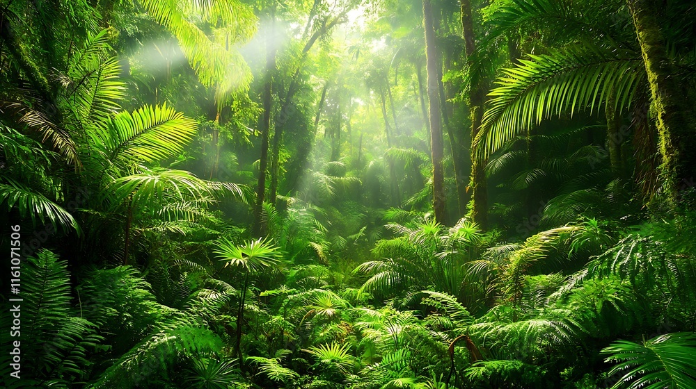 Tropical rain forest with sun rays and green ferns. Tropical rain forest with sun rays and green ferns.