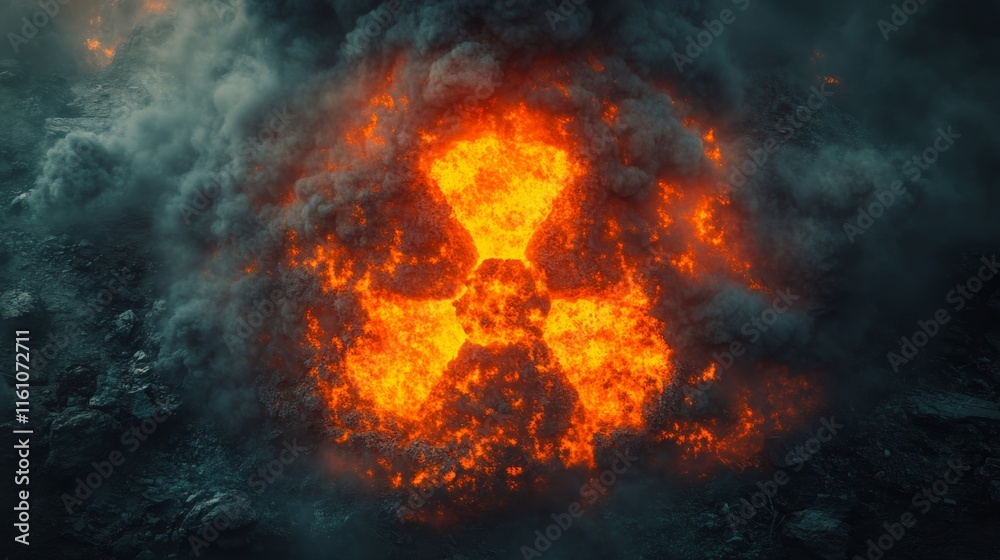 Fototapeta premium Nuclear symbol engulfed in fiery debris during a dramatic volcanic eruption