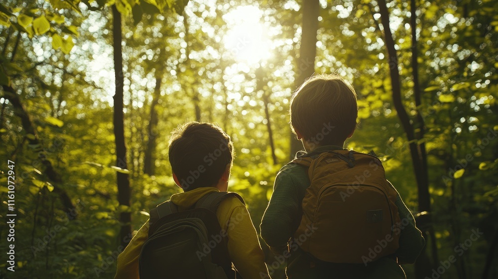 Two Children in Forest Daydreaming of Adventure Exploring Nature and Creativity Together in a Sunlit Woodland Scene Two Children in Forest Daydreaming of Adventure Exploring Nature and Creativity Together in a Sunlit Woodland Scene