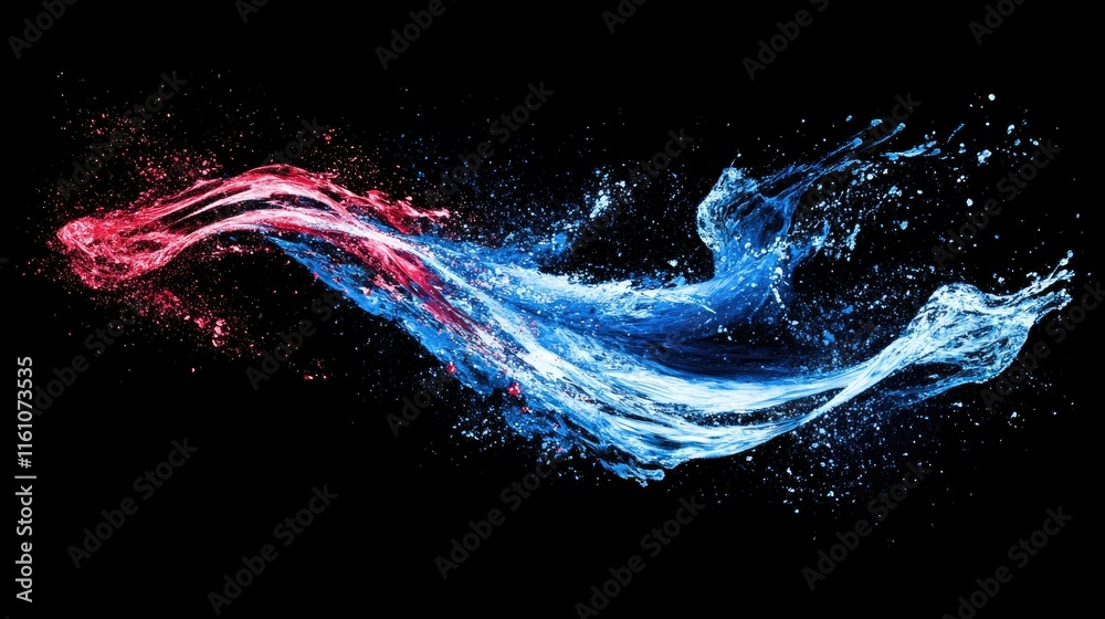 Obraz premium Abstract flowing red and blue liquid splash on black background.