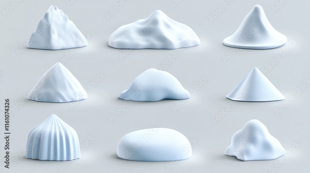 Snowdrifts and caps in various shapes Realistic 3D icons for festive winterthemed designs presented on a gray background Snowdrifts and caps in various shapes Realistic 3D icons for festive winterthemed designs presented on a gray background