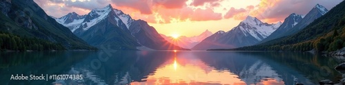 Evening sun rays illuminate Lake Shavlinskoe's calm surface amidst towering peaks and glaciers, lake, reflections, mountains photo