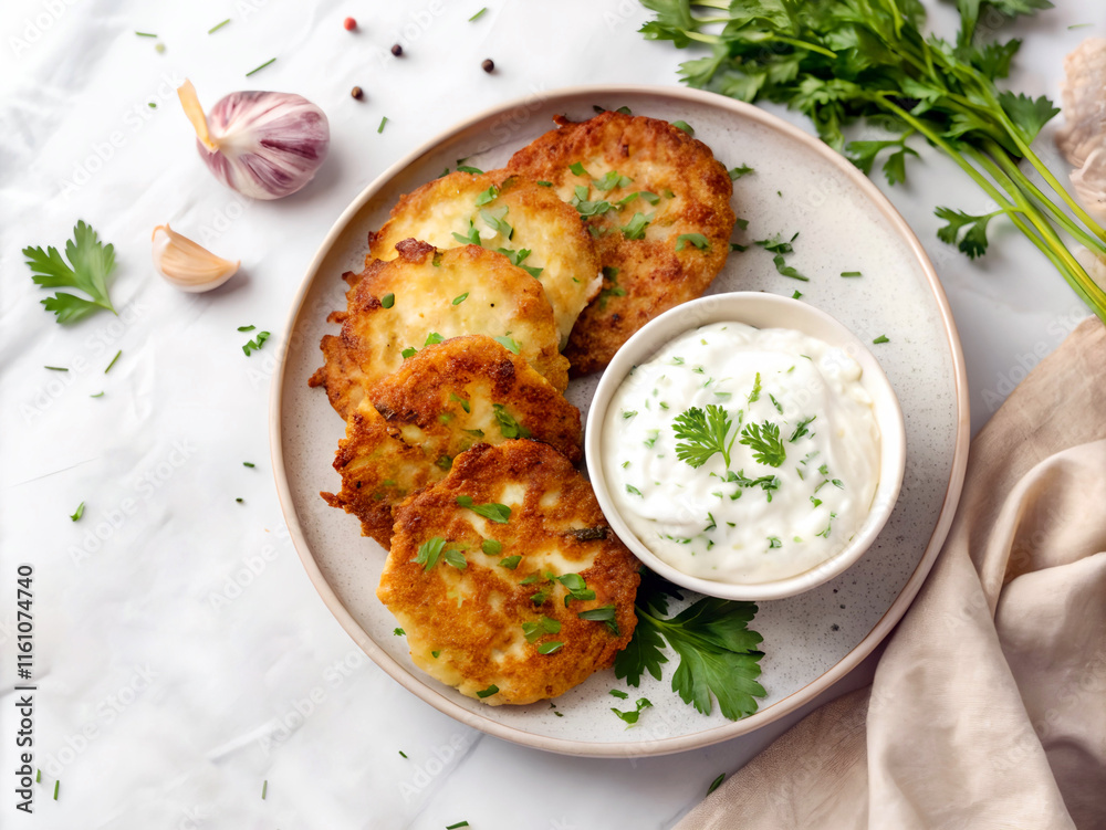 dish of potato pancakes, garnished with chopped parsley, served with a side of sour cream. The plate is placed on a light-colored surface, and there are garlic cloves and parsley sprigs scattered arou dish of potato pancakes, garnished with chopped parsley, served with a side of sour cream. The plate is placed on a light-colored surface, and there are garlic cloves and parsley sprigs scattered arou