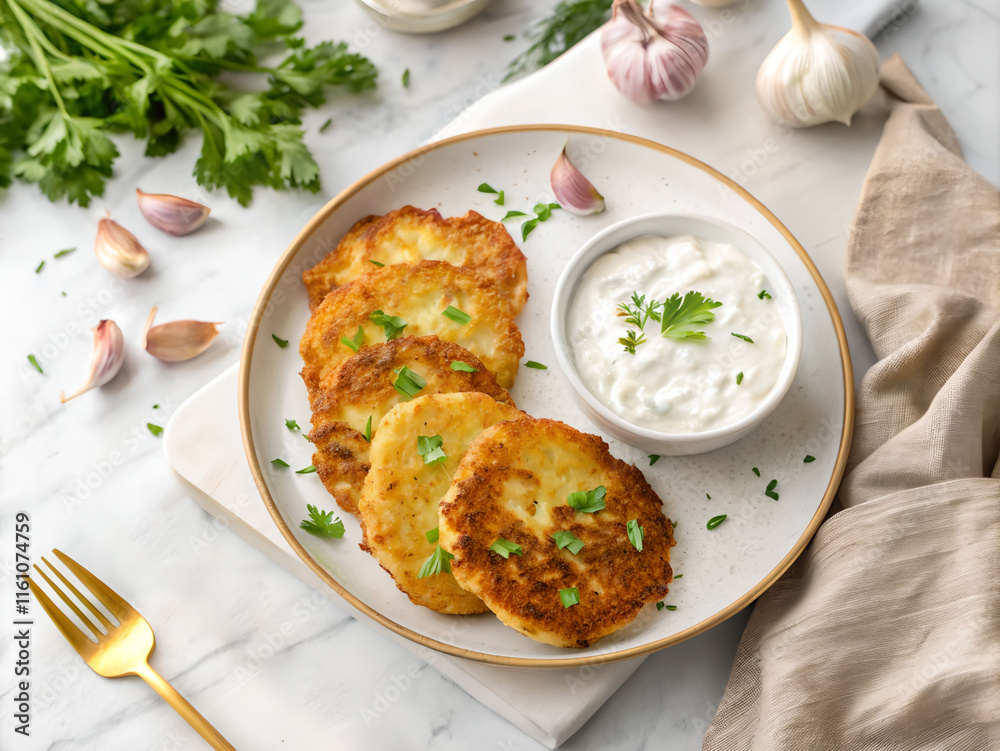 potato pancakes with a side of sour cream on a plate, garnished with parsley. There are garlic cloves and parsley in the background. potato pancakes with a side of sour cream on a plate, garnished with parsley. There are garlic cloves and parsley in the background.