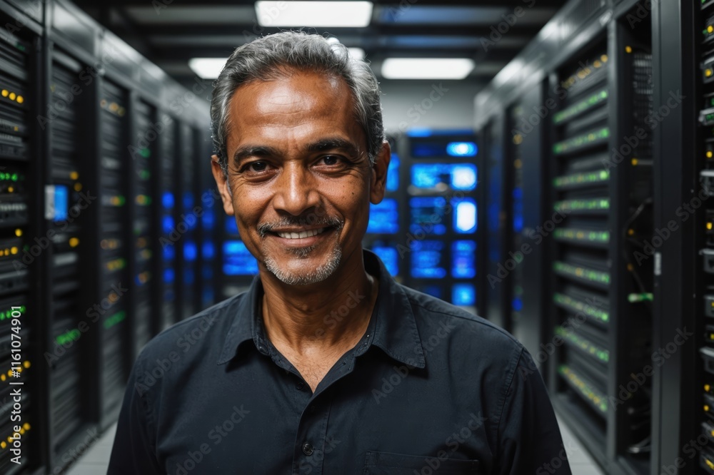Close portrait of a smiling senior East Timorese male IT worker looking at the camera, against dark server room blurred background. Close portrait of a smiling senior East Timorese male IT worker looking at the camera, against dark server room blurred background.