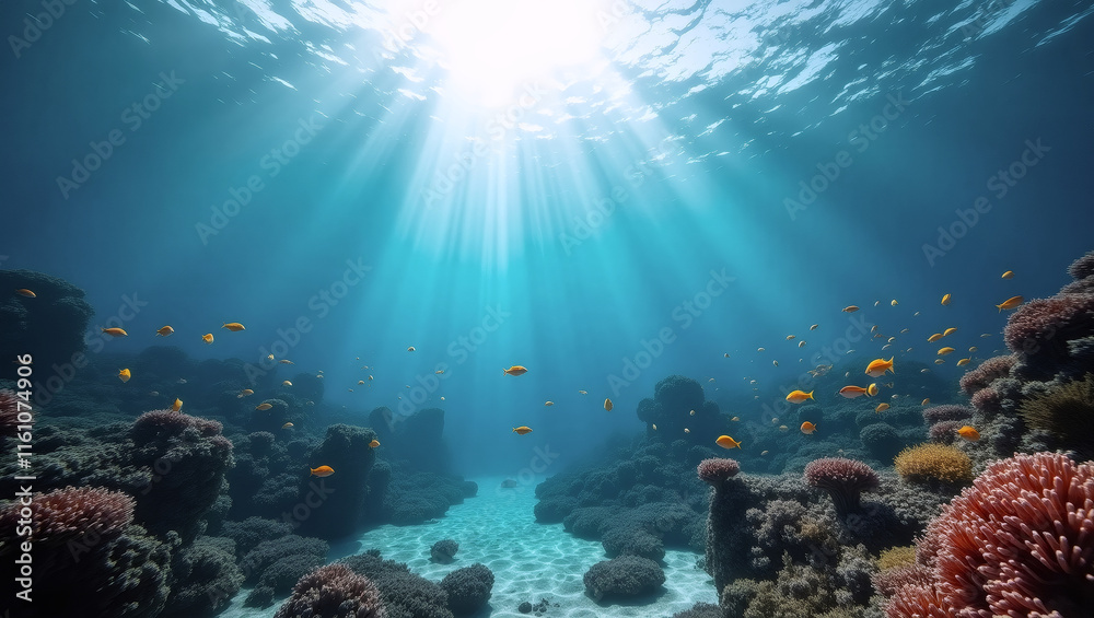 Fototapeta premium Sunbeams Dancing on the Reef: A mesmerizing underwater scene where sunlight pierces the cerulean depths, illuminating a vibrant coral reef teeming with life. 