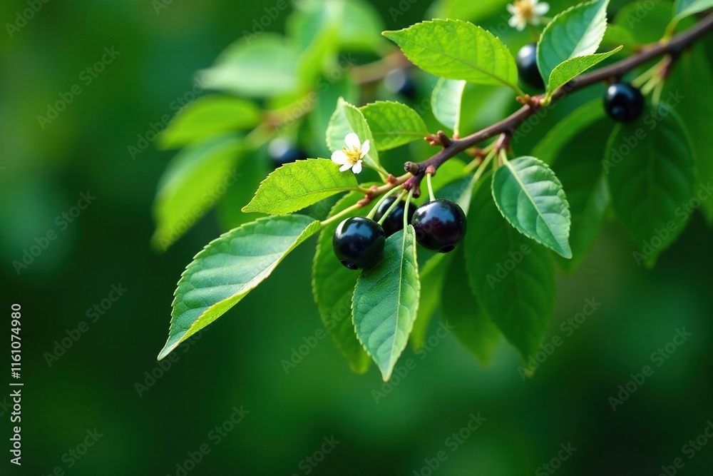 Dense black cherry tree branch with green leaves and small white flowers, deciduous, Prunus serotina Dense black cherry tree branch with green leaves and small white flowers, deciduous, Prunus serotina