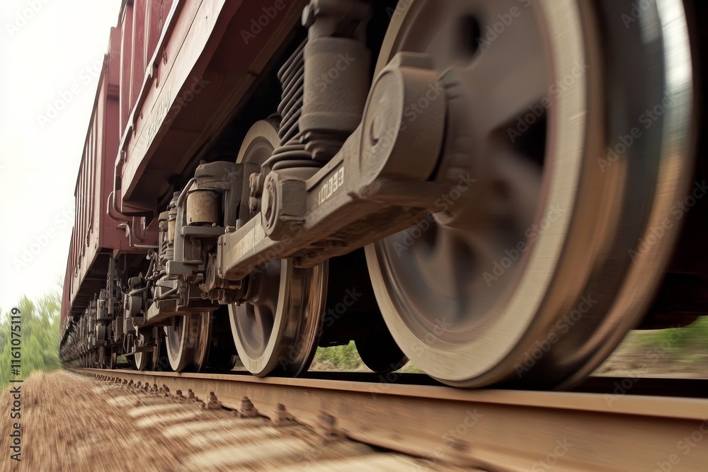 Close-up of a train wheel on tracks, emphasizing motion and industrial design. Close-up of a train wheel on tracks, emphasizing motion and industrial design.