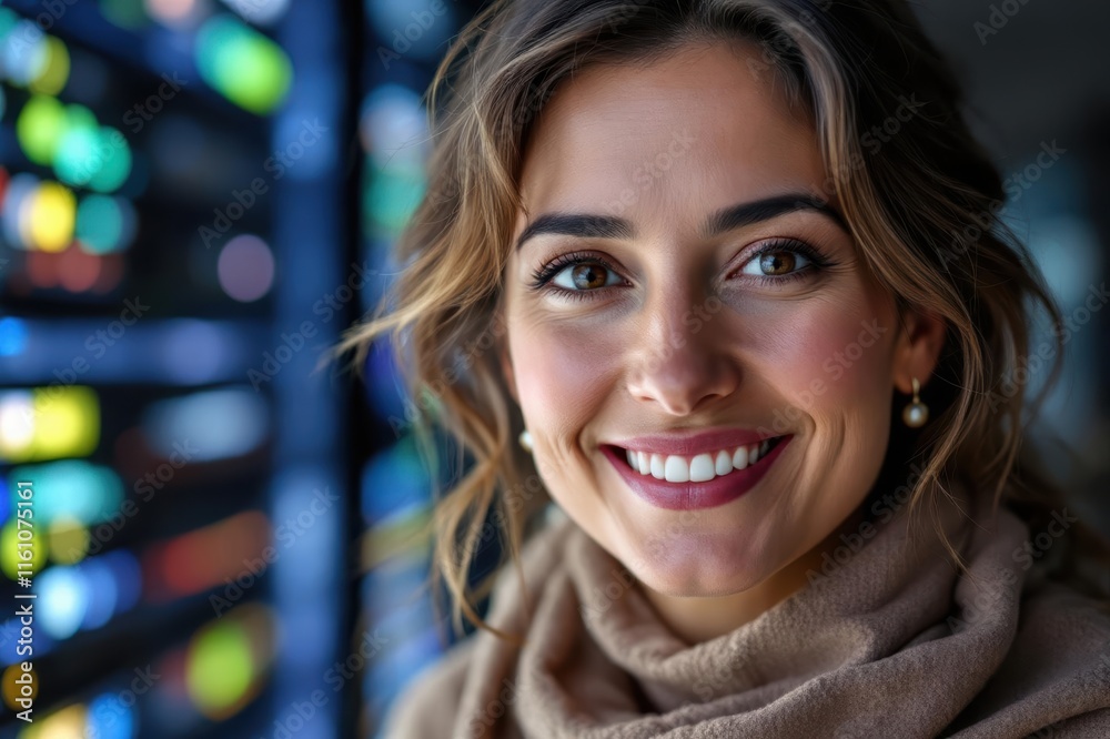 Close portrait of a smiling senior Lebanese female IT worker looking at the camera, against dark server room blurred background. Close portrait of a smiling senior Lebanese female IT worker looking at the camera, against dark server room blurred background.
