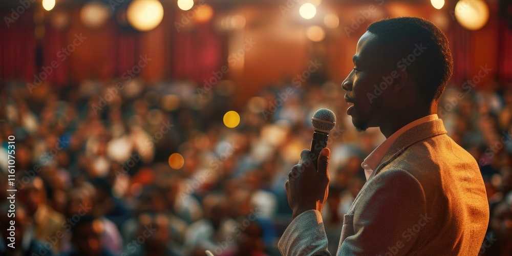 Fototapeta premium Man on stage using microphone, giving a speech or presentation to an audience.