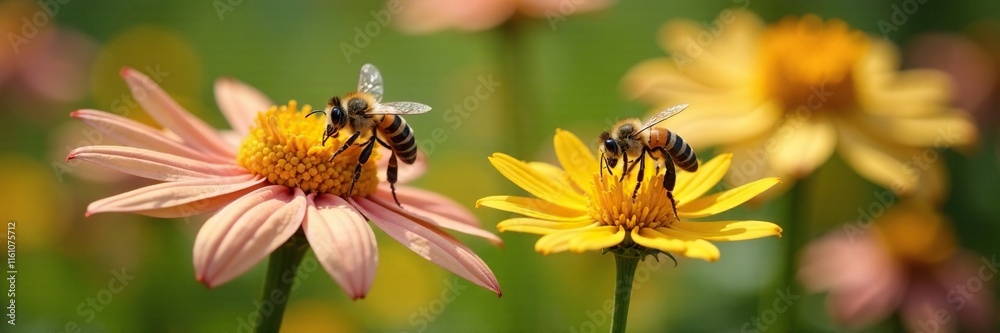 Mohnblume in a garden with bees collecting nectar, petals, apiary, blossoms Mohnblume in a garden with bees collecting nectar, petals, apiary, blossoms