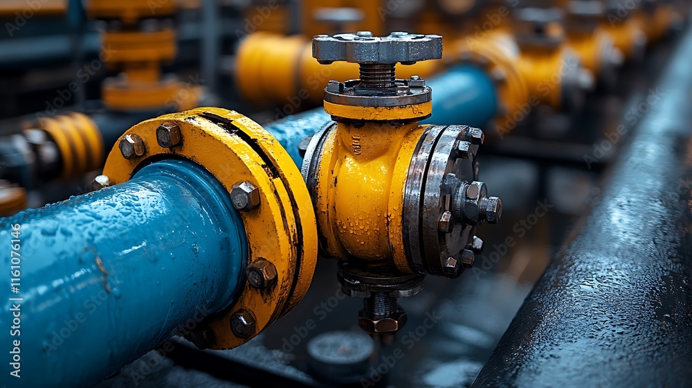 Fototapeta premium Industrial Pipeline System: Close-up of Yellow and Blue Pipes with Valve