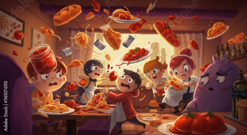 Tomato Mayhem in the Kitchen: A chaotic cartoon scene unfolds as a group of children, accompanied by a mysterious purple creature, find themselves engulfed in a whirlwind of flying tomatoes, pasta. photo