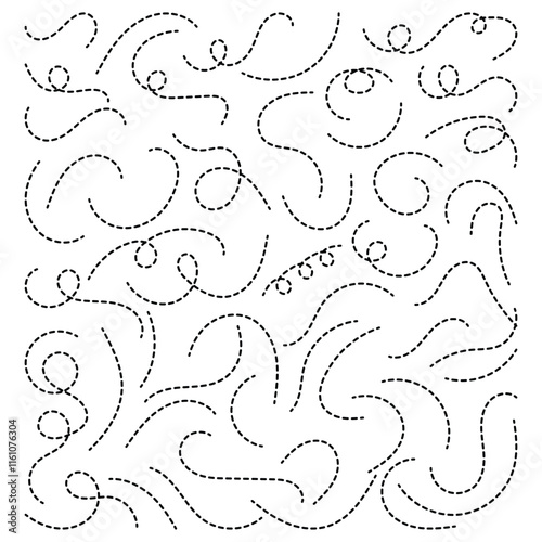 Hand drawn squiggly dashed, dotted lines, curved lines. Set of long dashed hand drawn squiggle, loopy lines. Vector illustration.