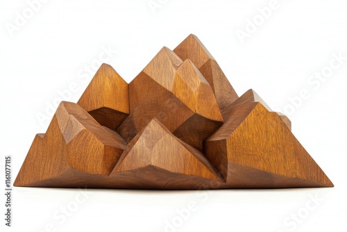 A sculptural representation of mountains made from polished wood, emphasizing geometric shapes. photo