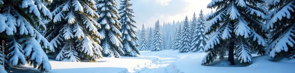 Dense pine forest covered in thick layer of fresh snow, snowflakes, evergreen trees Dense pine forest covered in thick layer of fresh snow, snowflakes, evergreen trees