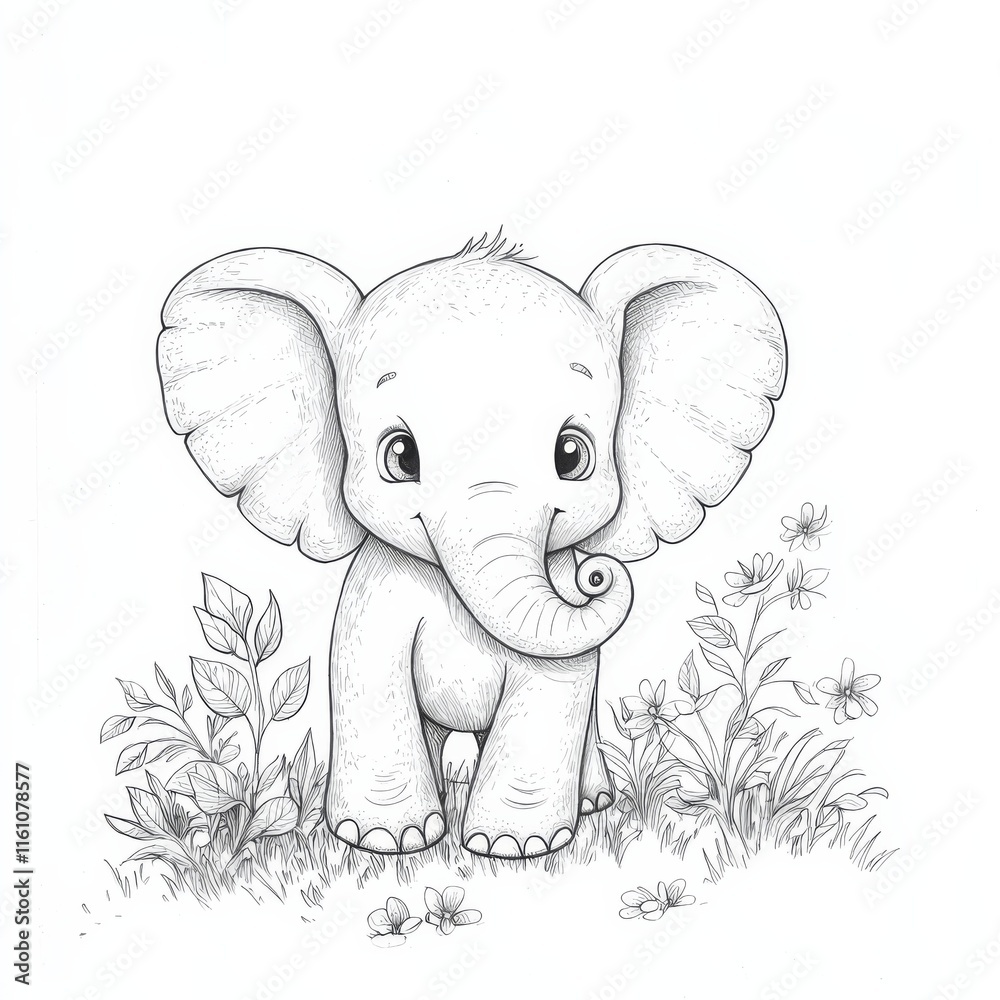 Obraz premium Adorable Baby Elephant: A sweet and charming illustration of a baby elephant standing in a field of flowers. Perfect for children's books, nursery decor, and animal lovers. 