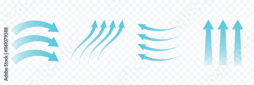 Set of blue arrow showing air or wind flow. Air conditioner direction. Isolated vector on white background element.