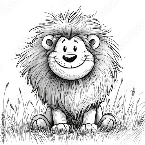 Smiling Lion King in the Grass: A charming hand-drawn illustration of a friendly lion, sitting proudly in tall grass, radiating warmth and happiness. Perfect for children's books, cards, and more.  photo