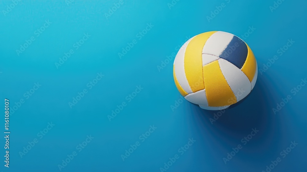 Colorful volleyball on solid blue background with ample space for text and graphics showcasing a flat lay perspective. Colorful volleyball on solid blue background with ample space for text and graphics showcasing a flat lay perspective.