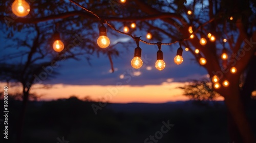 Twilight glow of string lights at a safari camp creating a warm ambiance in the evening darkness surrounded by nature's beauty photo