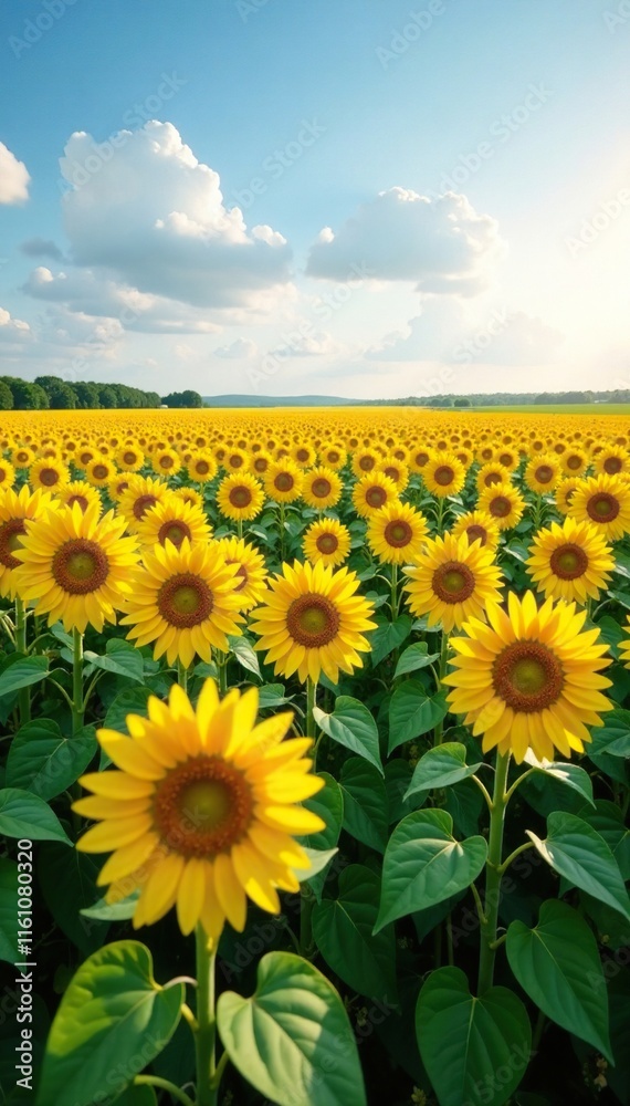 Fototapeta premium A vast expanse of sunflowers stretches towards the horizon, nature, sunflowers, countryside