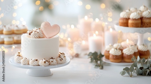 A shimmering pink heart cake topper at a chic dessert table for a wedding reception